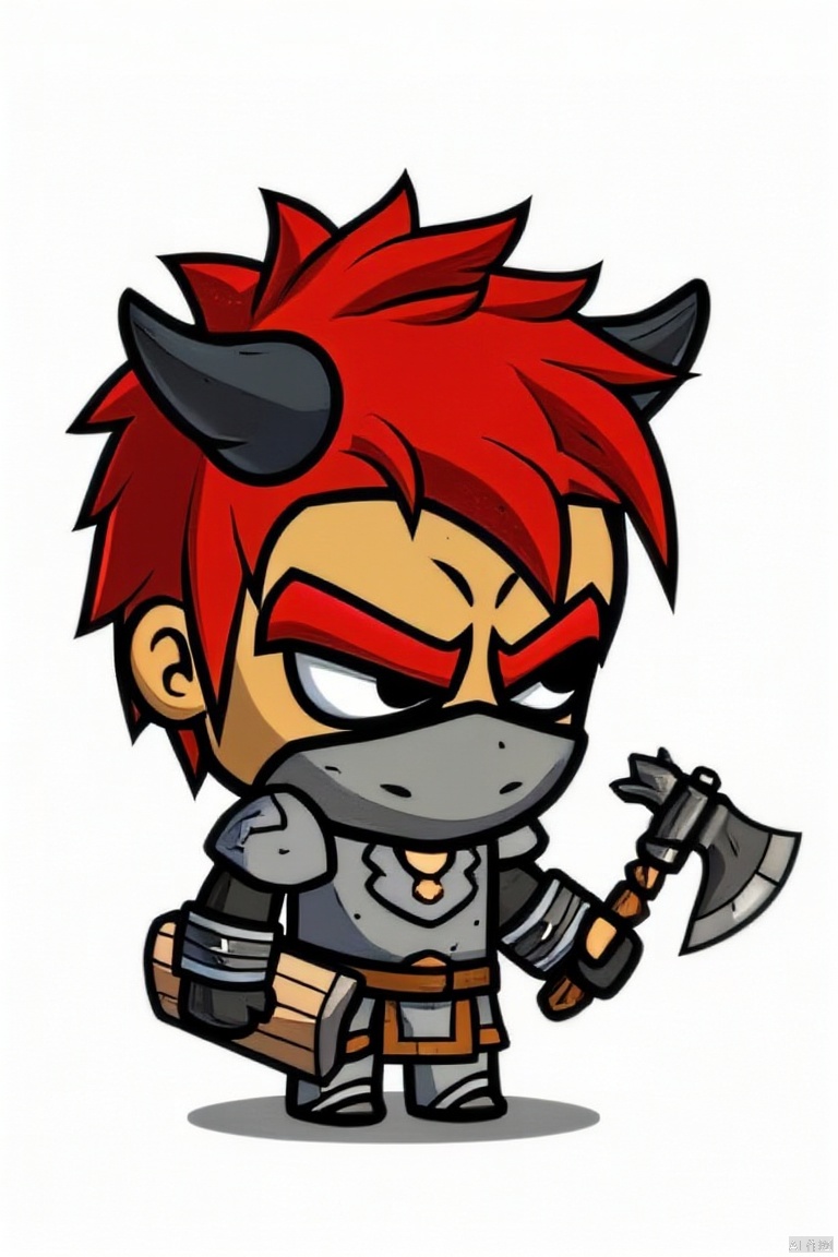 solo, 1boy, weapon, male focus, red hair, horns, chibi, armor, mask, facial hair, axe, mohawk