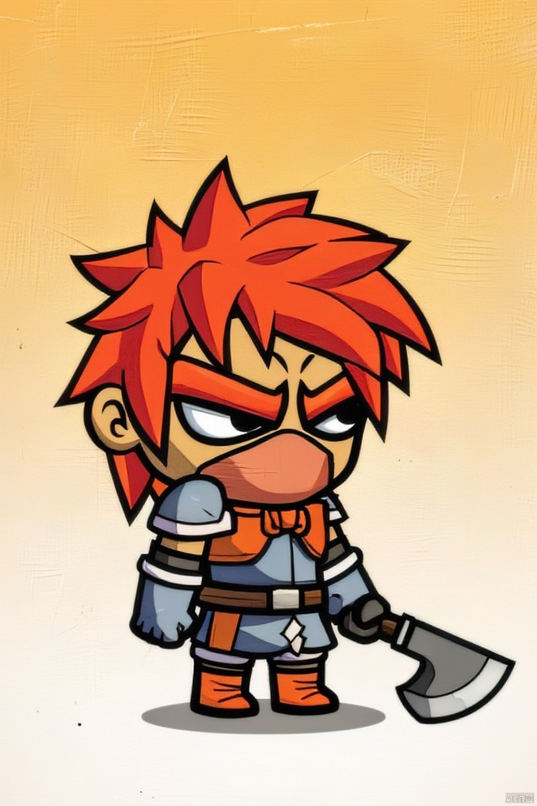 solo, gloves, 1boy, weapon, male focus, red hair, boots, chibi, orange hair, axe