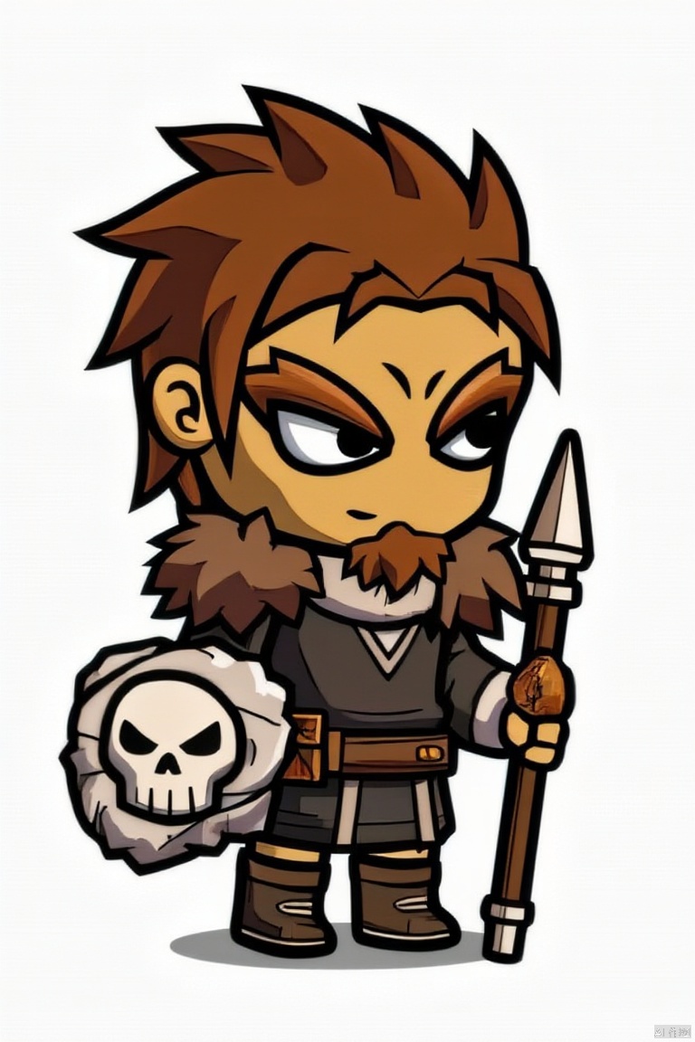 solo, brown hair, 1boy, holding, male focus, chibi, staff, skull, holding staff, pelt