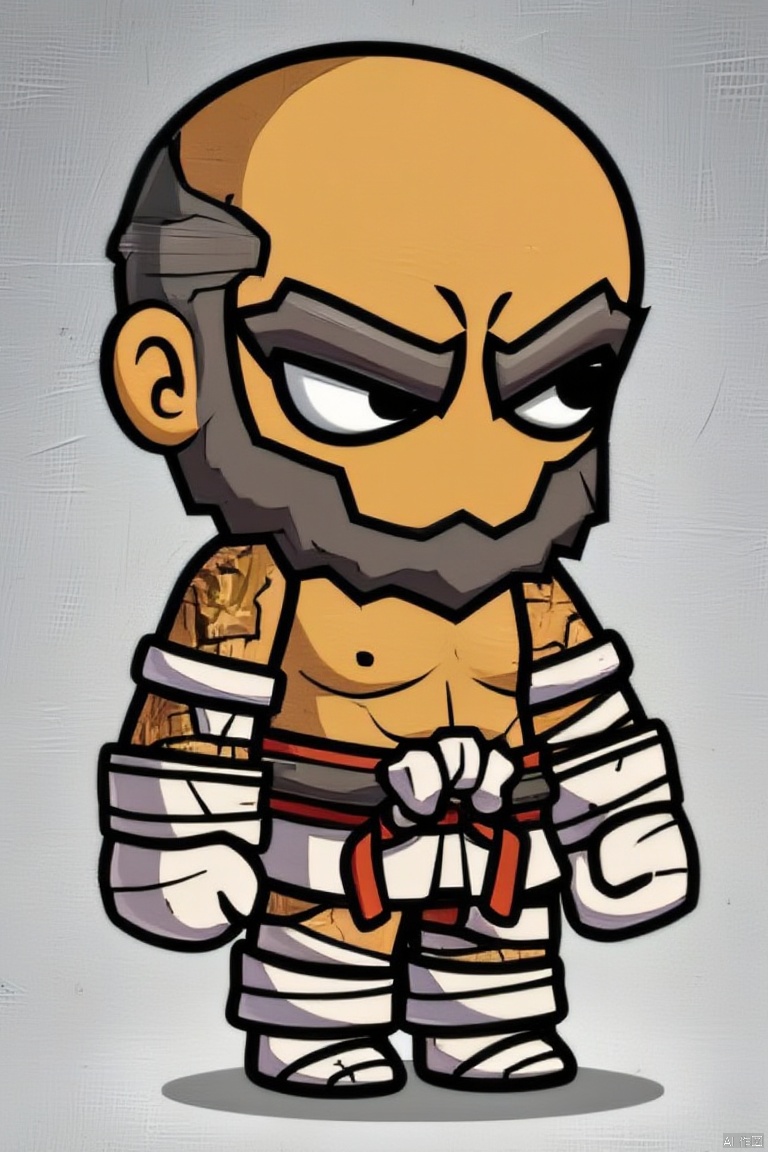 solo, 1boy, full body, male focus, chibi, tattoo, facial hair, bandages, beard, bald