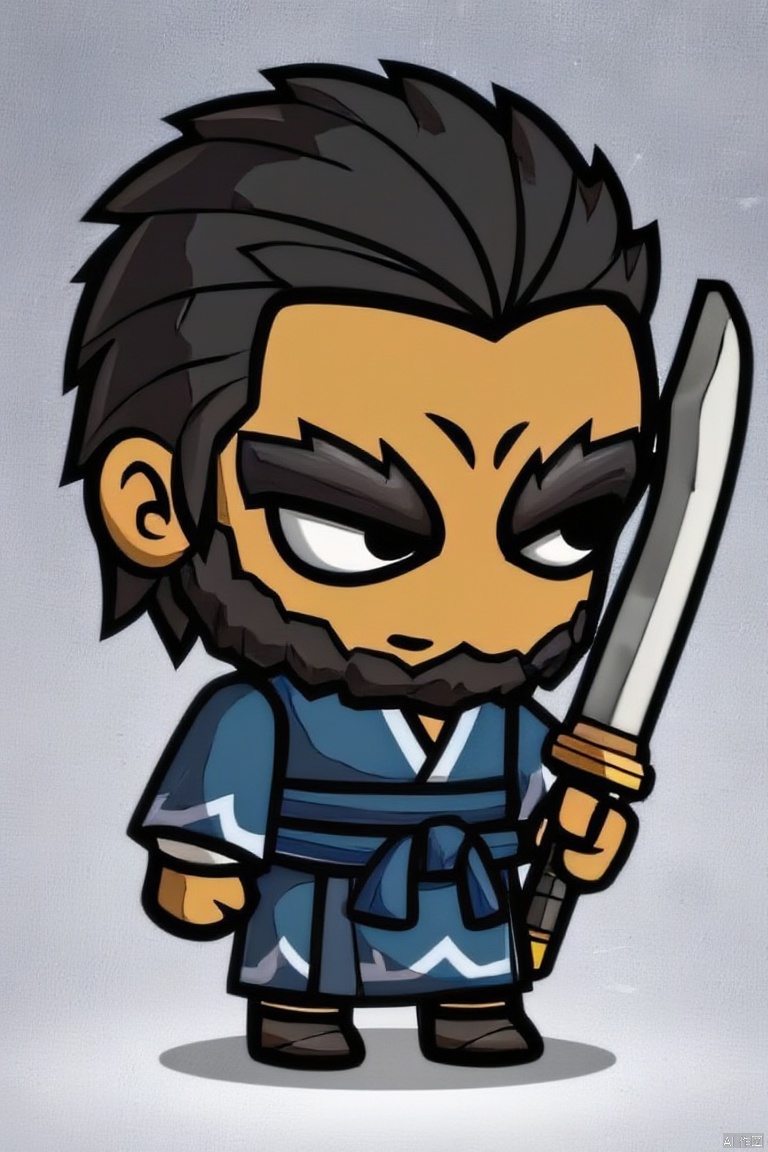 solo, black hair, 1boy, holding, weapon, male focus, sword, chibi, holding weapon, facial hair, beard