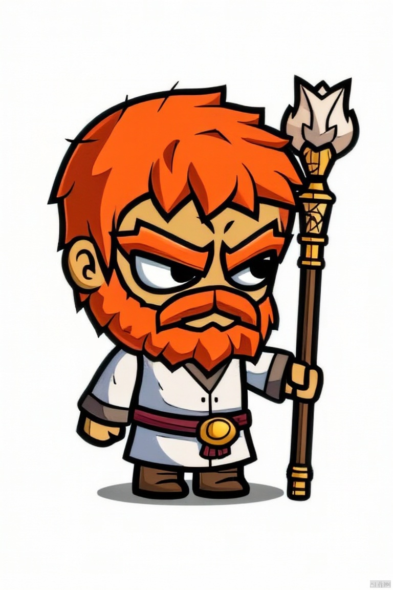 solo, shirt, 1boy, holding, standing, male focus, chibi, orange hair, facial hair, staff, beard, holding staff, scepter