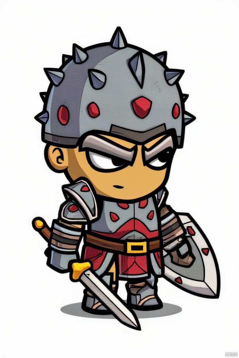 solo, 1boy, weapon, male focus, belt, sword, chibi, armor, colored skin, helmet, spikes