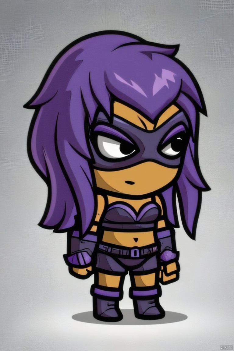 1girl, solo, navel, standing, full body, purple hair, boots, shorts, midriff, dark skin, chibi, black eyes, crop top, makeup, mask, eyeshadow