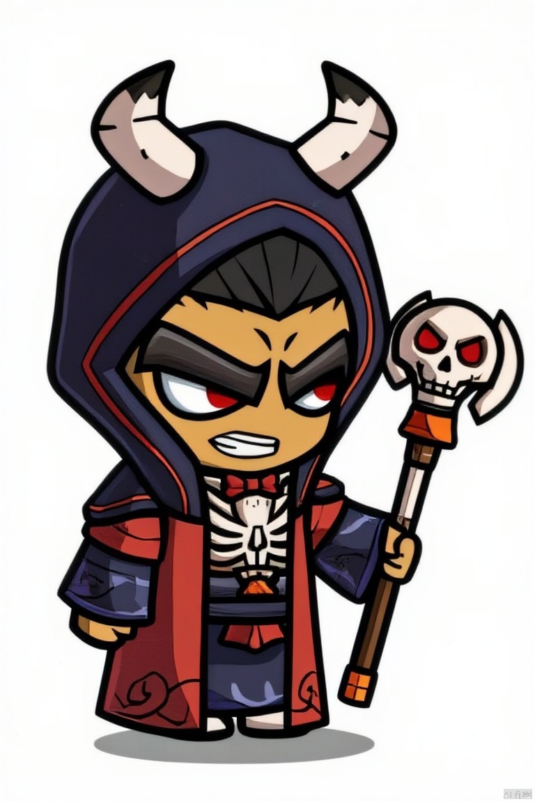 solo, smile, red eyes, 1boy, holding, male focus, hood, chibi, grin, staff, hood up, skull, robe, evil smile