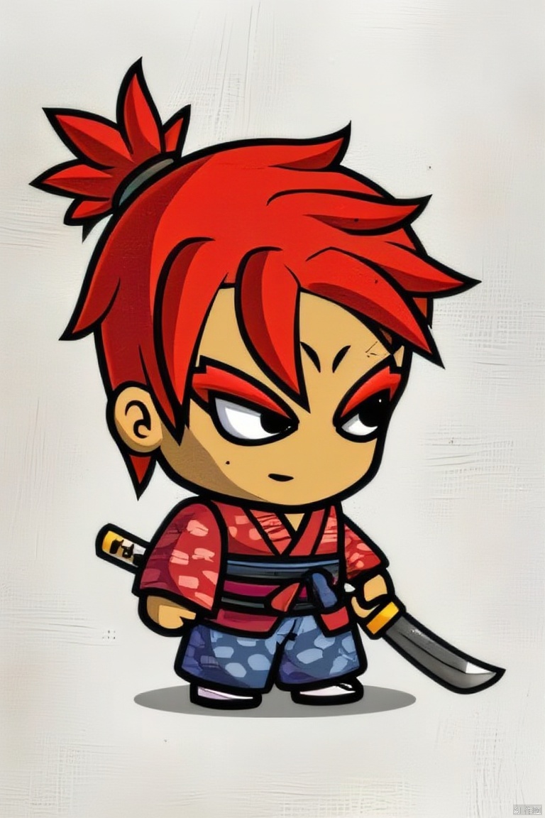 solo, 1boy, ponytail, weapon, male focus, red hair, japanese clothes, sword, chibi, katana, topknot