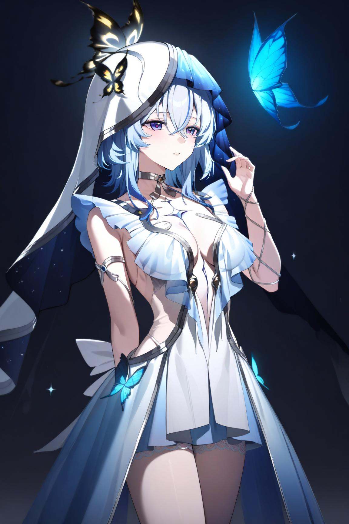 <lora:ww_in_one_a31-xl:1>,masterpiece,best quality,1girl, the_shorekeeper_(wuthering_waves), solo, breasts, butterfly, bug, veil, dress, white_veil, white_dress, alternate_costume, parted_lips, choker, medium_breasts, cleavage, cowboy_shot, blue_butterfly, hand_up, jewelry