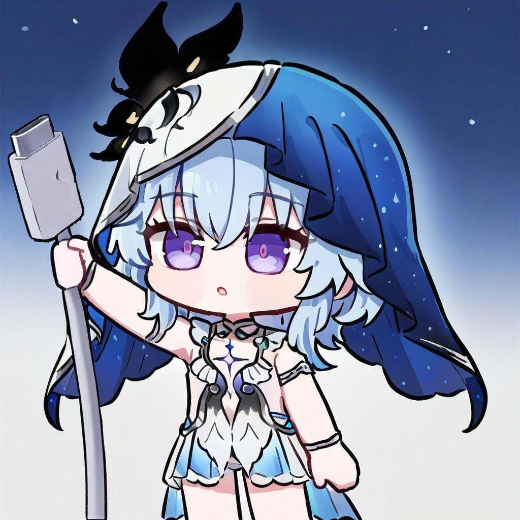 <lora:ww_in_one_a31-xl:0.8>,masterpiece,best quality,1girl,the_shorekeeper_(wuthering_waves),veil,<lora:a31-xl_chibi_holding charging cable:0.9>,holding charging cable,chibi,