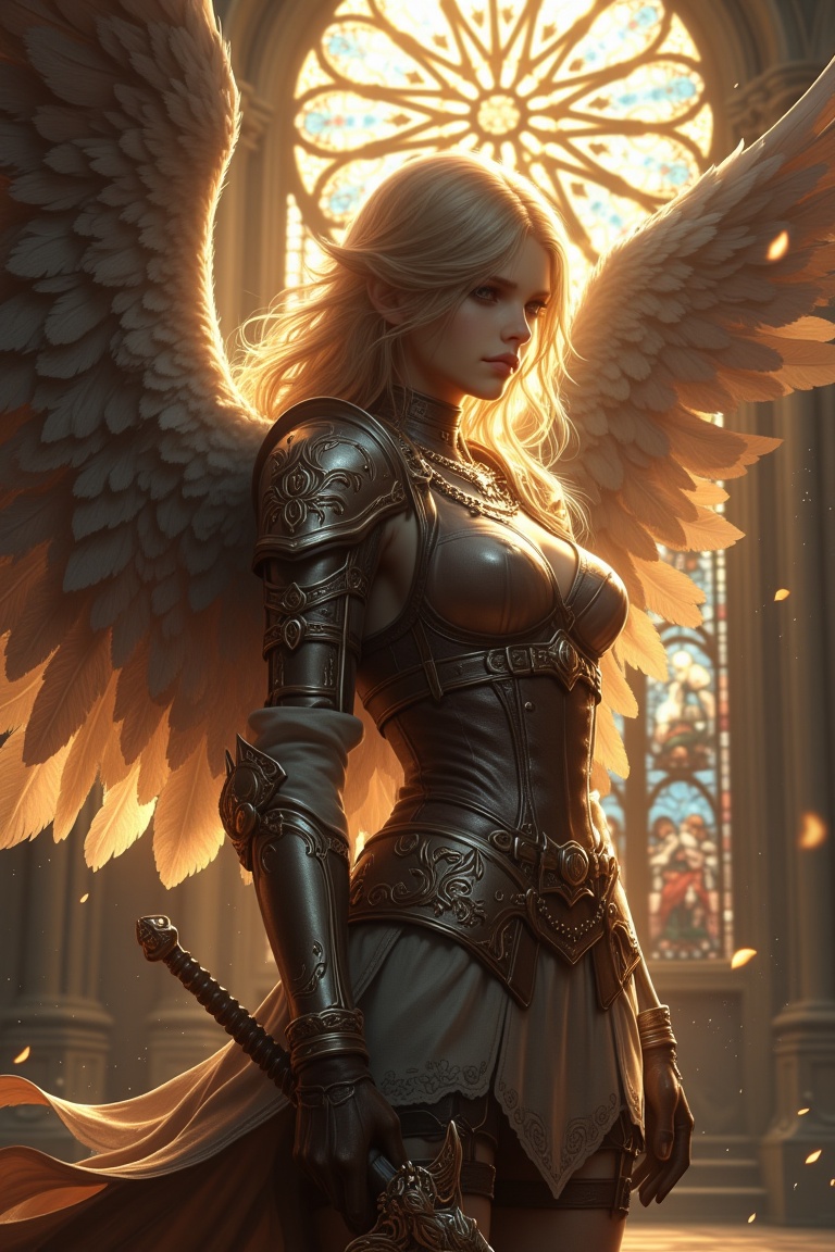 Hyper realism,  a female angel in the glamorous armor, on Tensor.Art