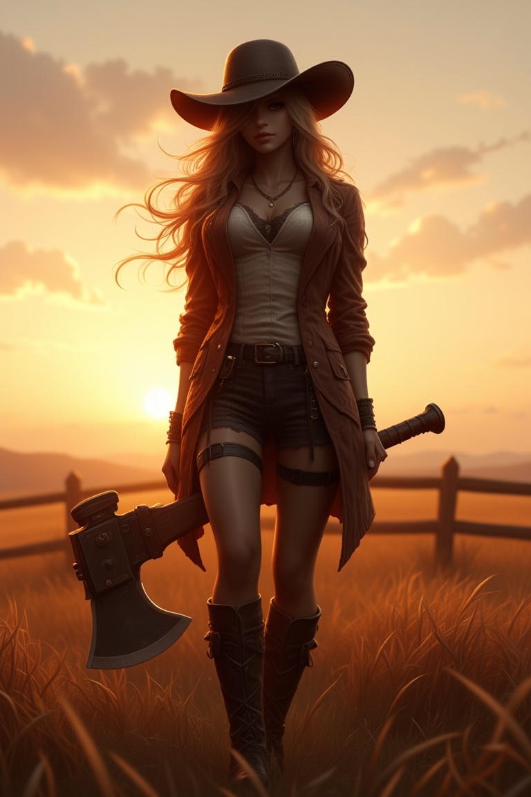 A woman,  cowboy hat,  long wavy hair on Tensor.Art