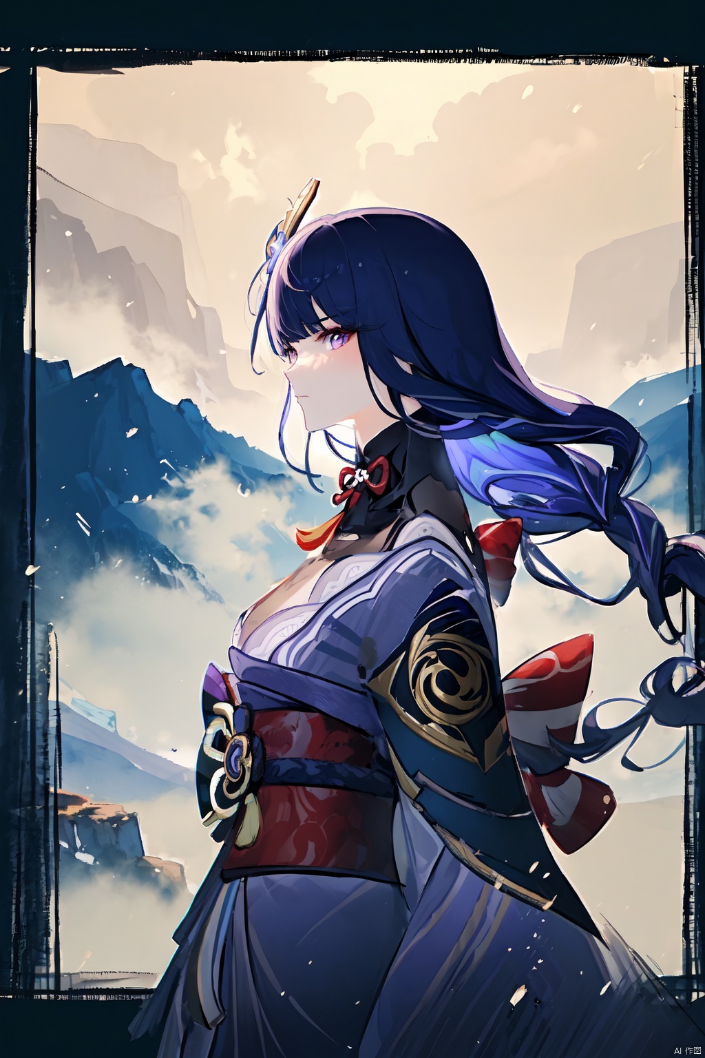 A majestic Raiden Shogun from Genshin Impact stands proudly in a misty mountain valley, her imposing figure framed by the rugged peaks. Soft, golden light casts long shadows across her dignified features as she gazes out upon the serene landscape, her sword at her side. The camera's gaze is low and level, emphasizing her commanding presence amidst the natural beauty.,facing viewer,genshin impact,raiden shogun,