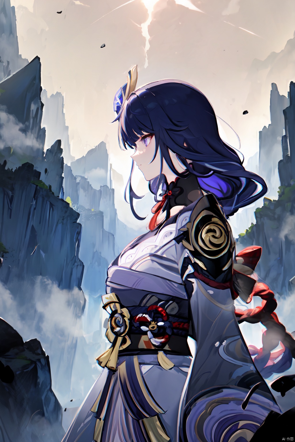 A majestic Raiden Shogun from Genshin Impact stands proudly in a misty mountain valley, her imposing figure framed by the rugged peaks. Soft, golden light casts long shadows across her dignified features as she gazes out upon the serene landscape, her sword at her side. The camera's gaze is low and level, emphasizing her commanding presence amidst the natural beauty.,genshin impact,raiden shogun