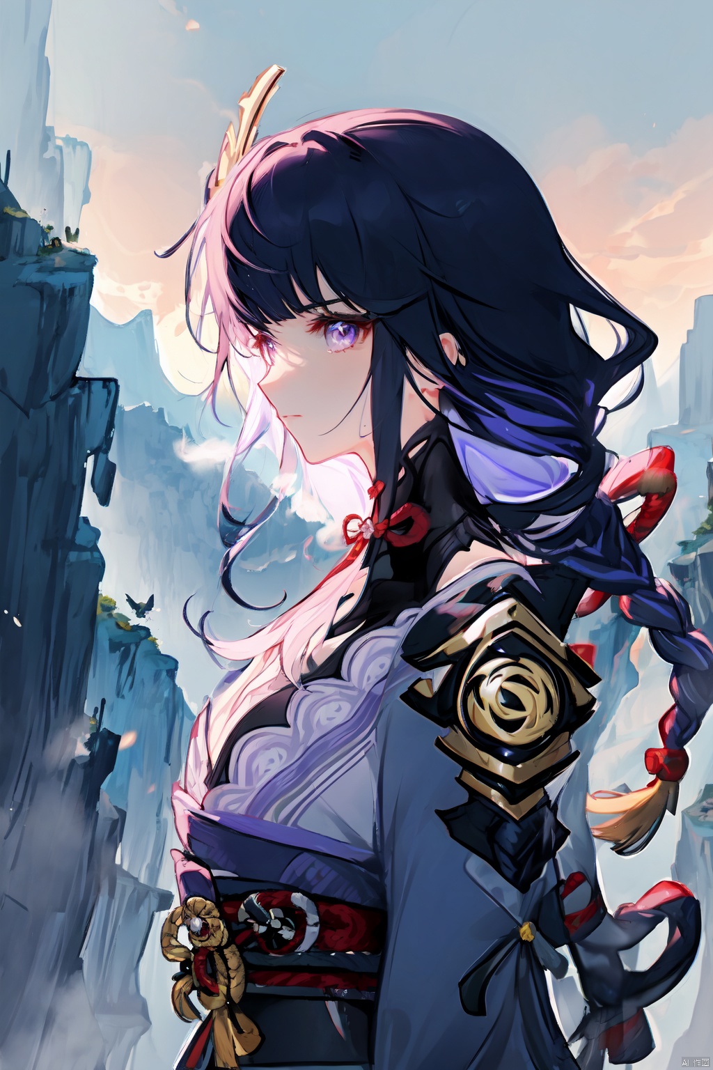 A majestic Raiden Shogun from Genshin Impact stands proudly in a misty mountain valley, her imposing figure framed by the rugged peaks. Soft, golden light casts long shadows across her dignified features as she gazes out upon the serene landscape, her sword at her side. The camera's gaze is low and level, emphasizing her commanding presence amidst the natural beauty.,facing viewer,genshin impact,raiden shogun,