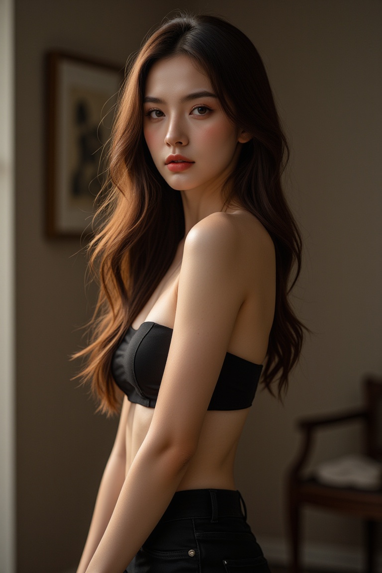 A stunning young woman stands confidently at center frame,  her gaze radiating intensity and confidence. Her fashionable a...