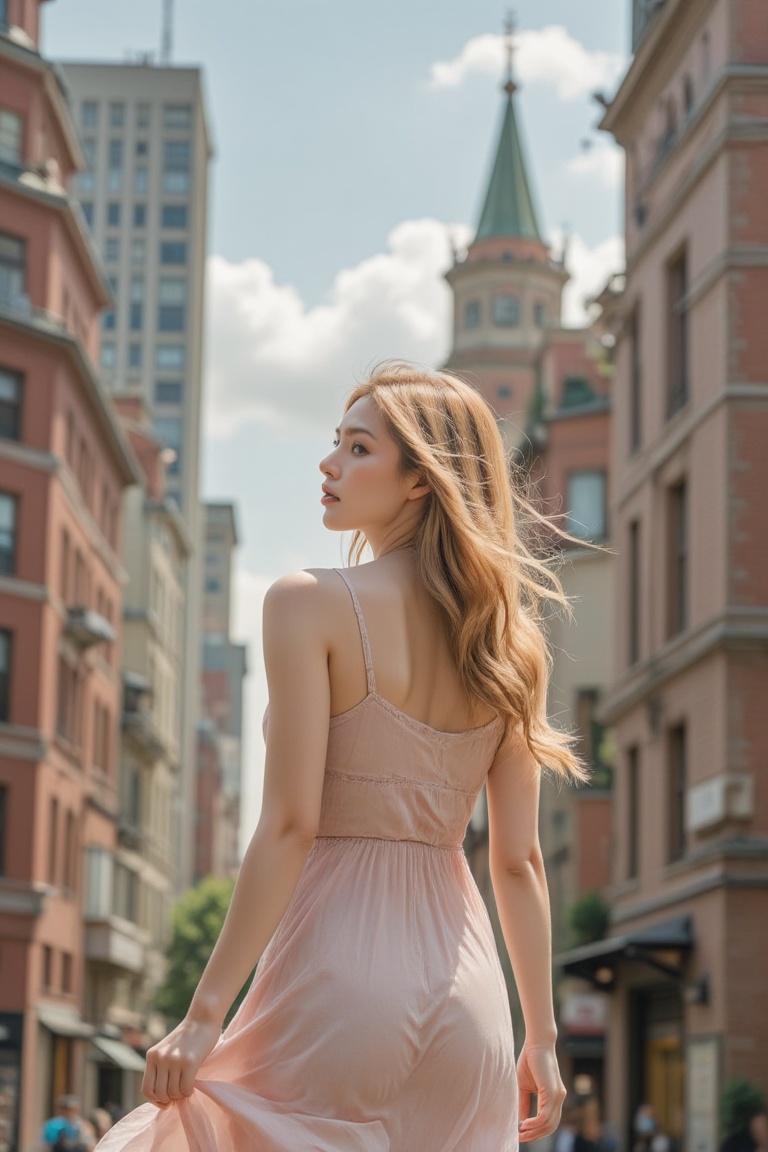 A serene moment amidst the urban landscape: A blonde woman strolls leisurely through the city,  her flowing hair dancing i...