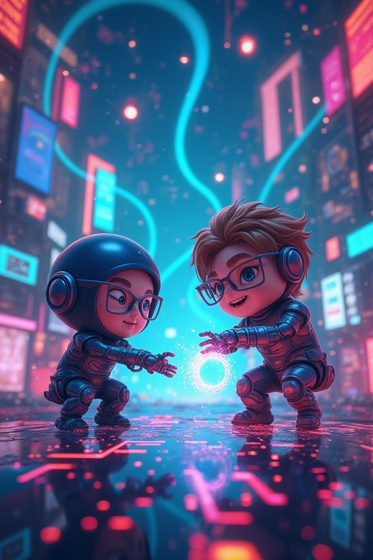 In a vibrant and dynamic cartoon world,  two adorable yet formidable characters are engaged in an epic cyber battle. On on...