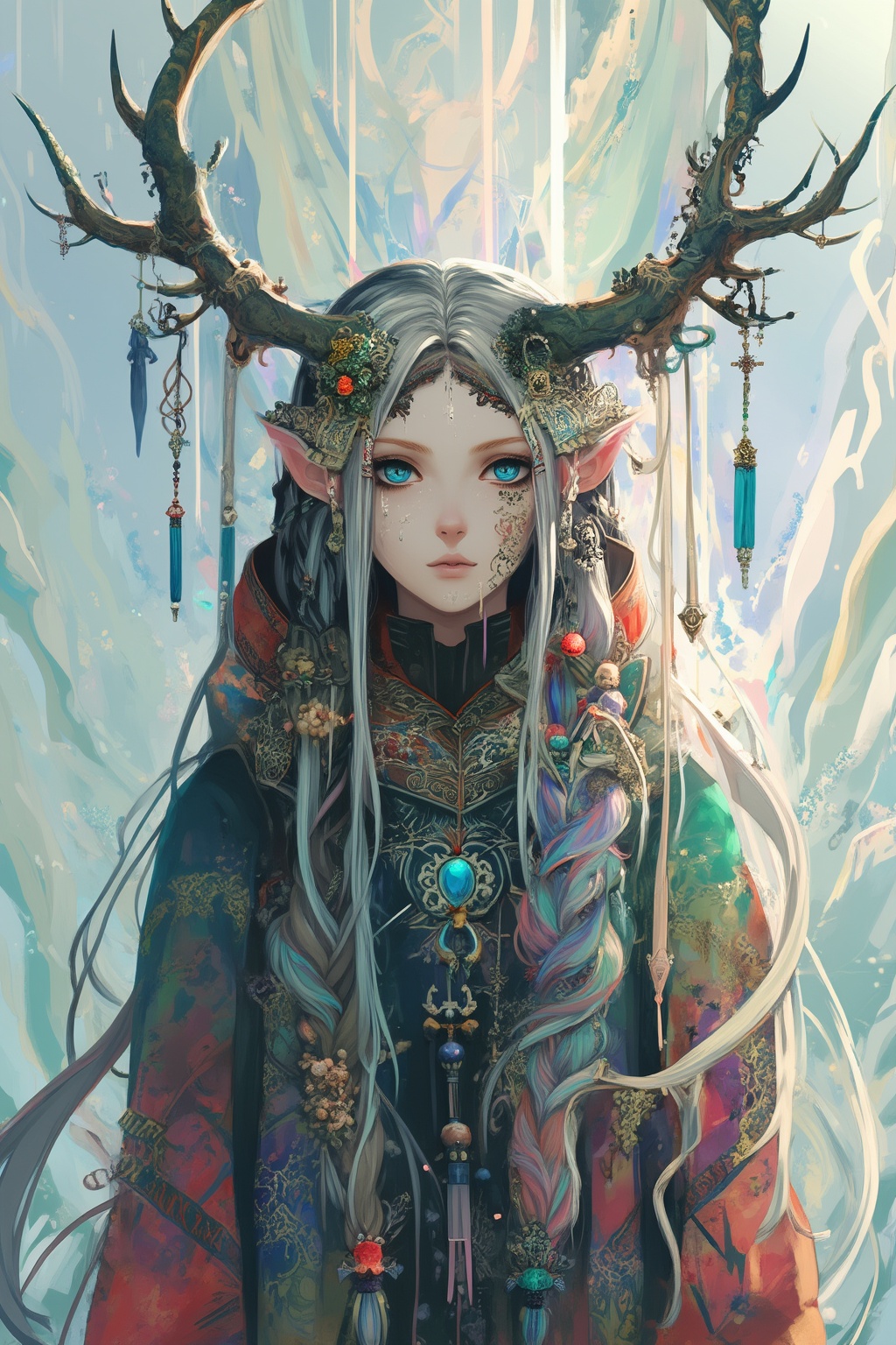 albino demon girl,  (Long deer horn: 1.2) ,  A shaman with deer antlers on Tensor.Art