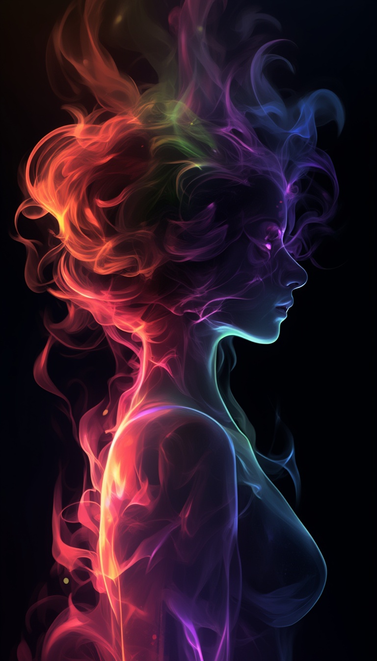 Create a beautiful woman's outline in colored smoke on a black background. Vivid fantasy style,  rainbow spectrum,  full c...