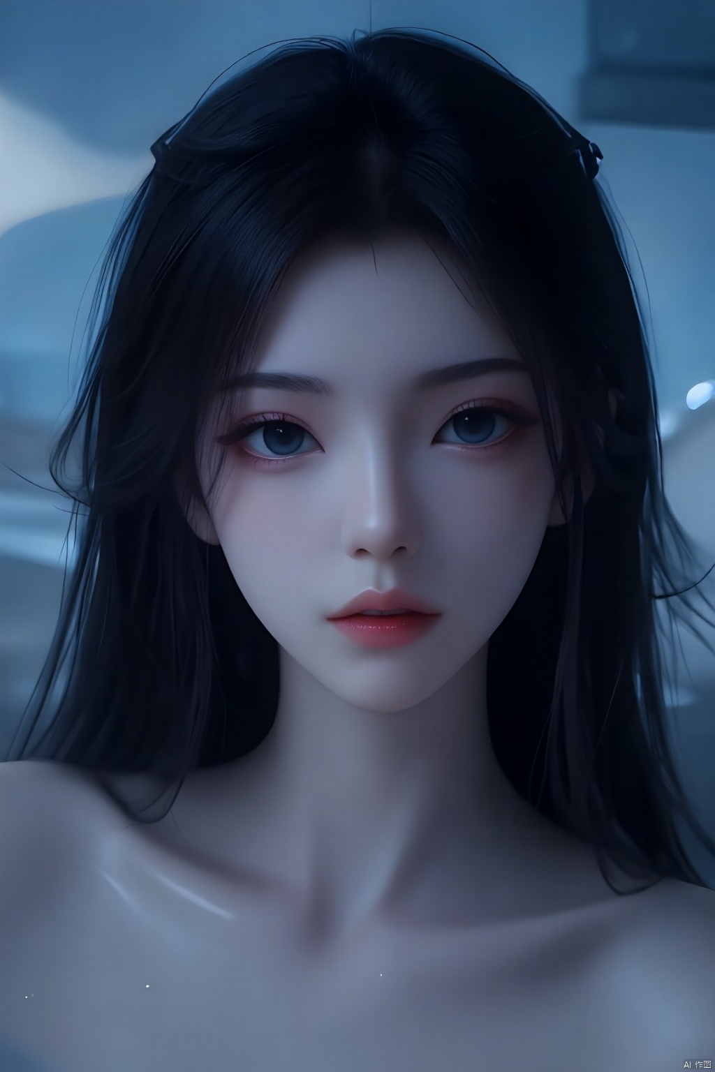 A girl, indoor, long black hair, blue eyes, realistic skin, shiny skin, bed, upper body ，face close-up, facing the audience