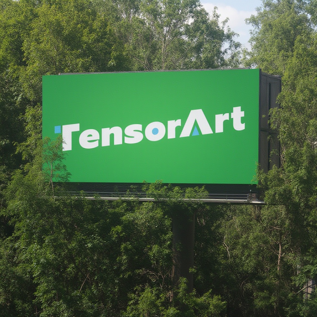 big green billboard with white tensorart_logo at forest on Tensor.Art