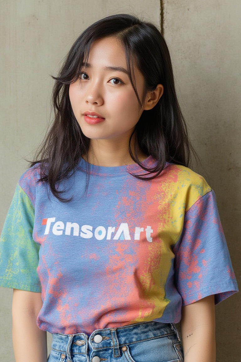 korean woman wearing colorful T-shirt with white tensorart_logo near the wall,  professional photo on Tensor.Art
