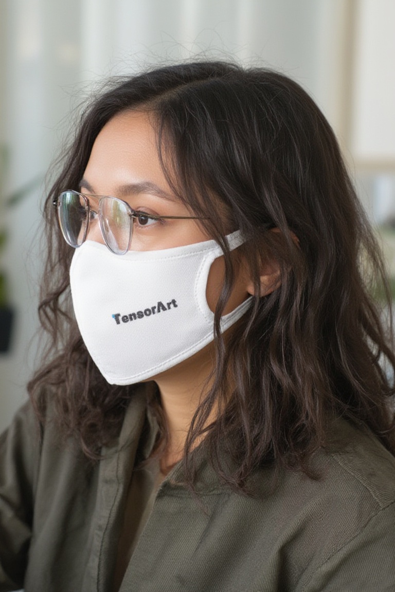 woman wearing a face white mask with black tensorart_logo on it,  at office on Tensor.Art