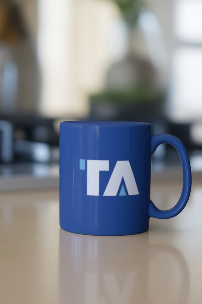blue ceramic mug on the desk with white ta_logo,  bokeh on Tensor.Art