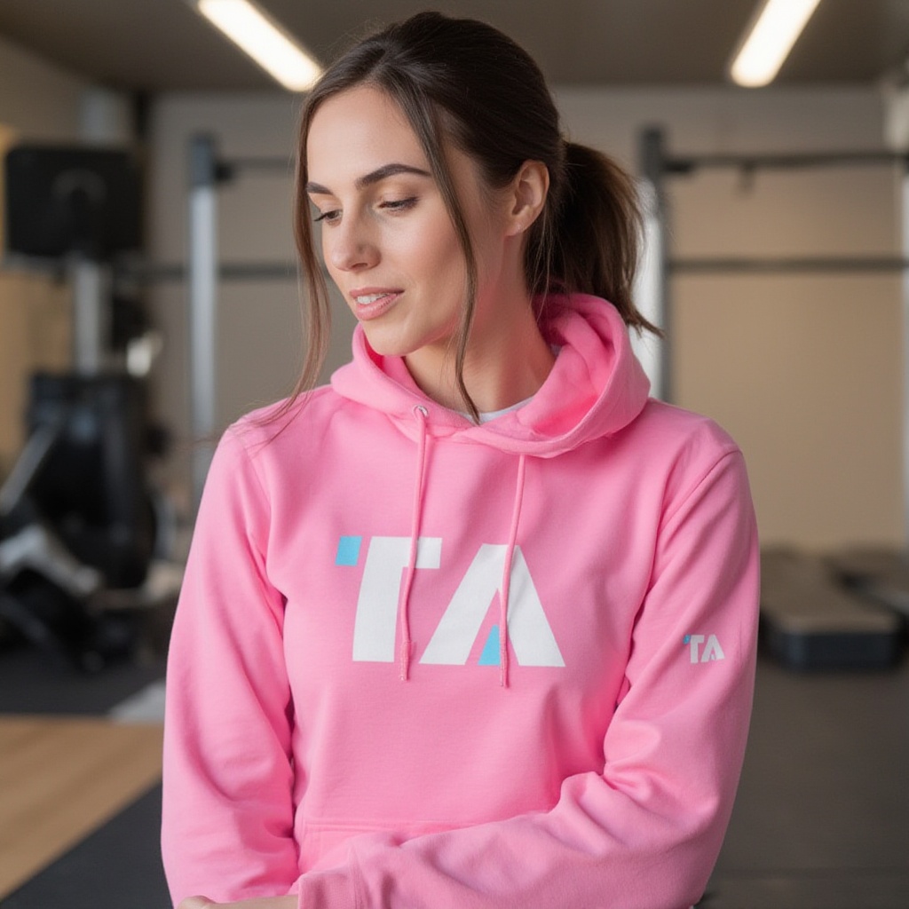 Brunette woman wearing pink hoodie with white ta_logo on gym on Tensor.Art