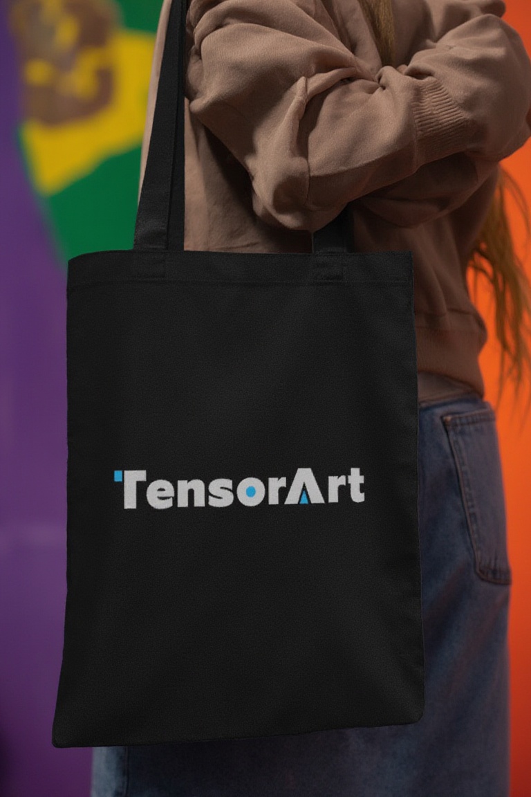 photo of brazilian woman holding black tote bag with white tensorart_logo,  cinematic shot,  colorful background on Tensor...