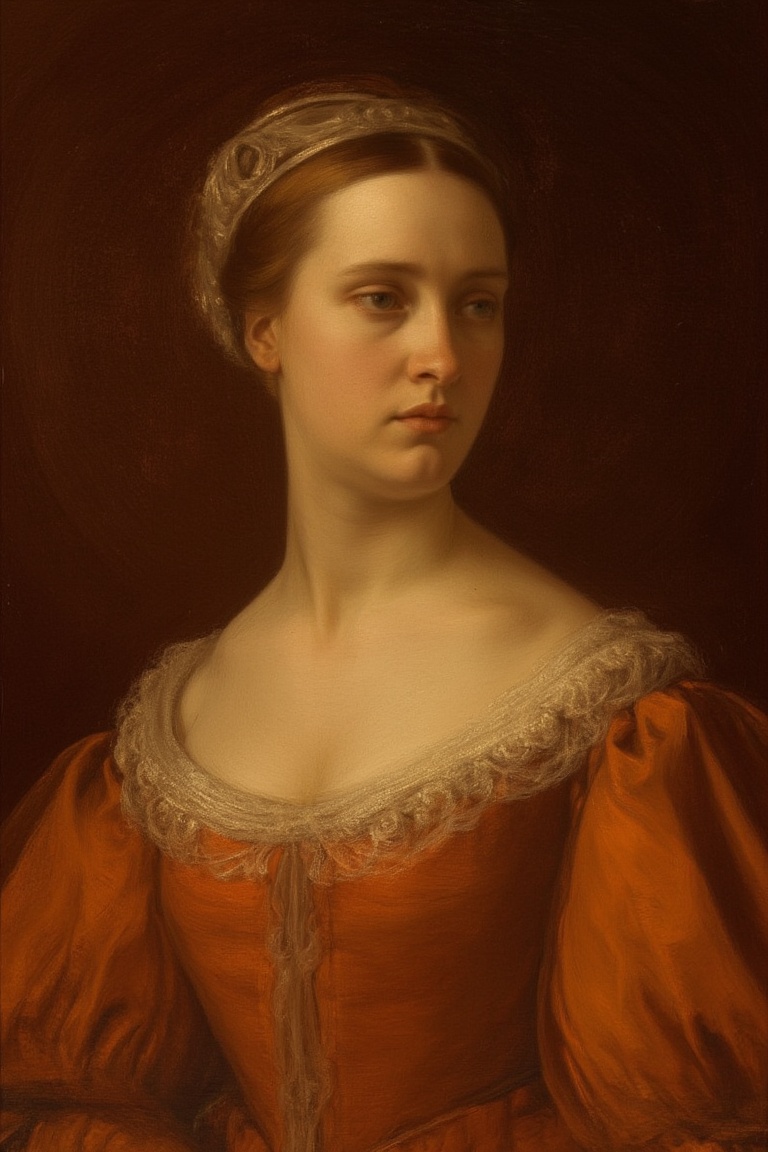 A serene young woman,  dressed in elegant attire,  sits majestically against a richly hued backdrop on Tensor.Art
