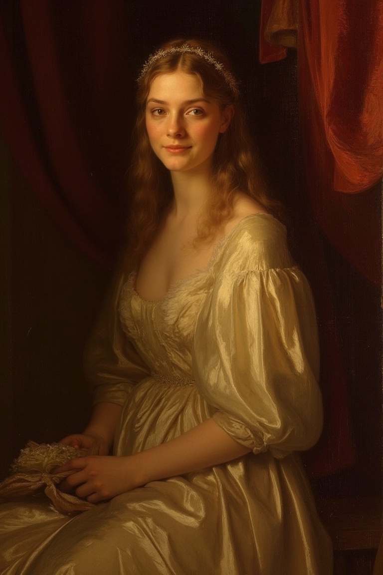 A serene young woman,  dressed in elegant attire,  sits majestically against a richly hued backdrop on Tensor.Art