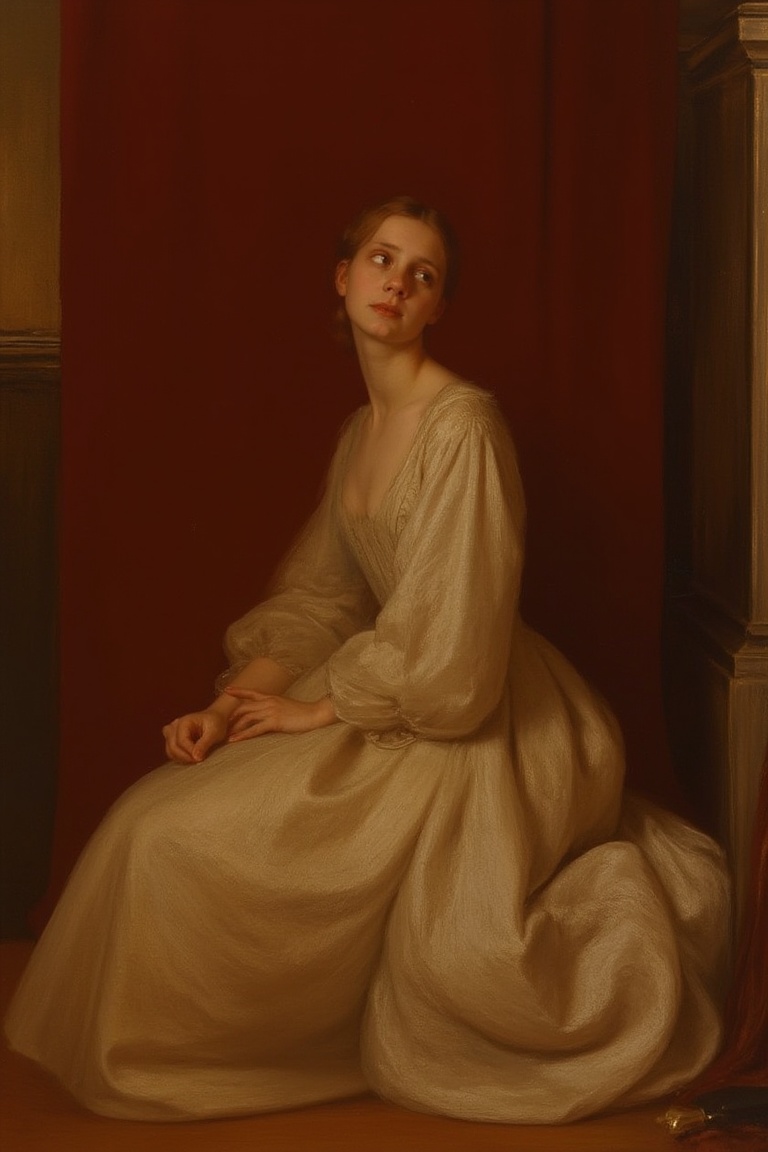 A serene young woman,  dressed in elegant attire,  sits majestically against a richly hued backdrop on Tensor.Art