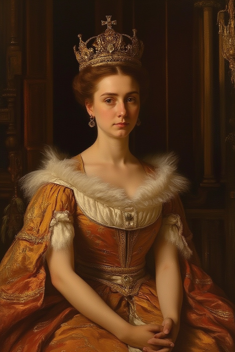 A regal portrait of a young queen,  adorned with a crown and lavish attire,  seated majestically on an ornate throne. Soft...