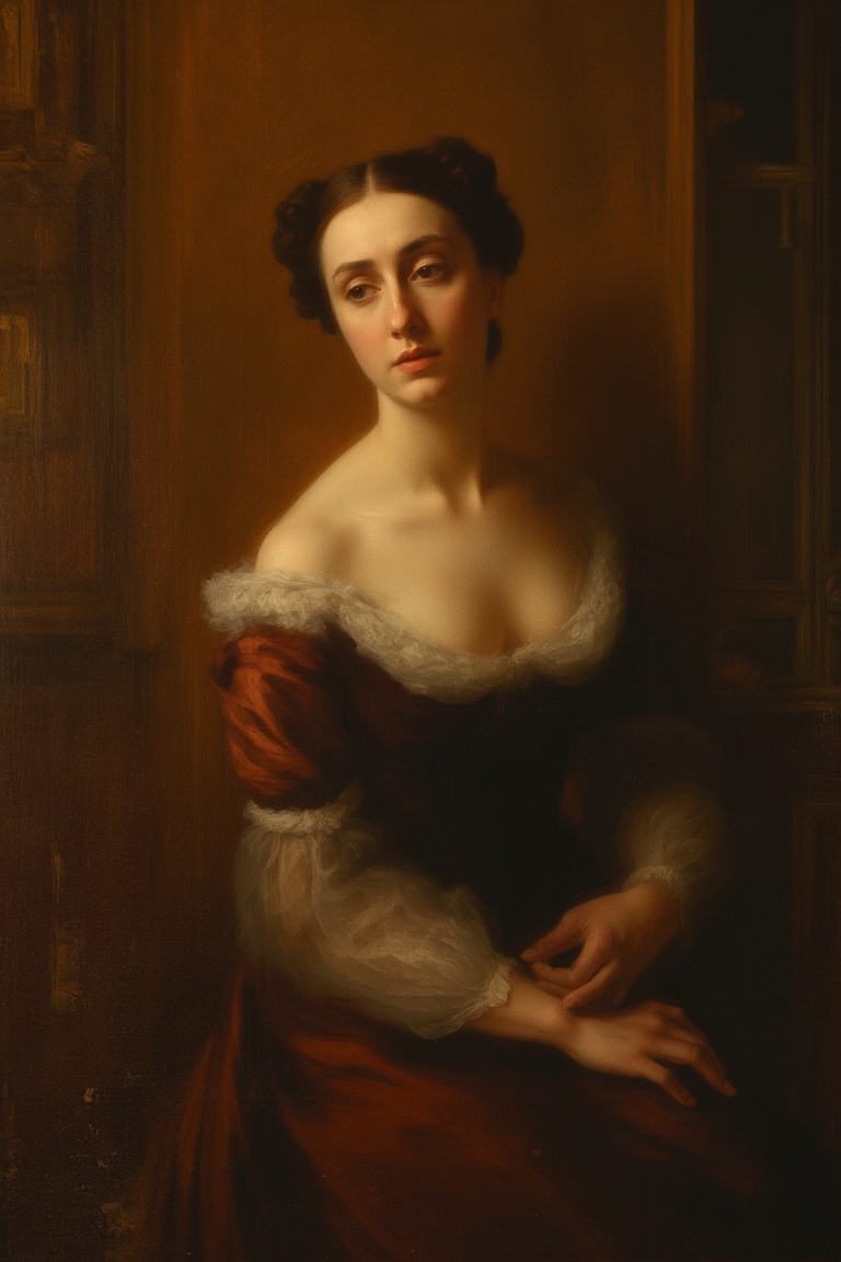 A serene young woman,  dressed in elegant attire,  sits majestically against a richly hued backdrop on Tensor.Art