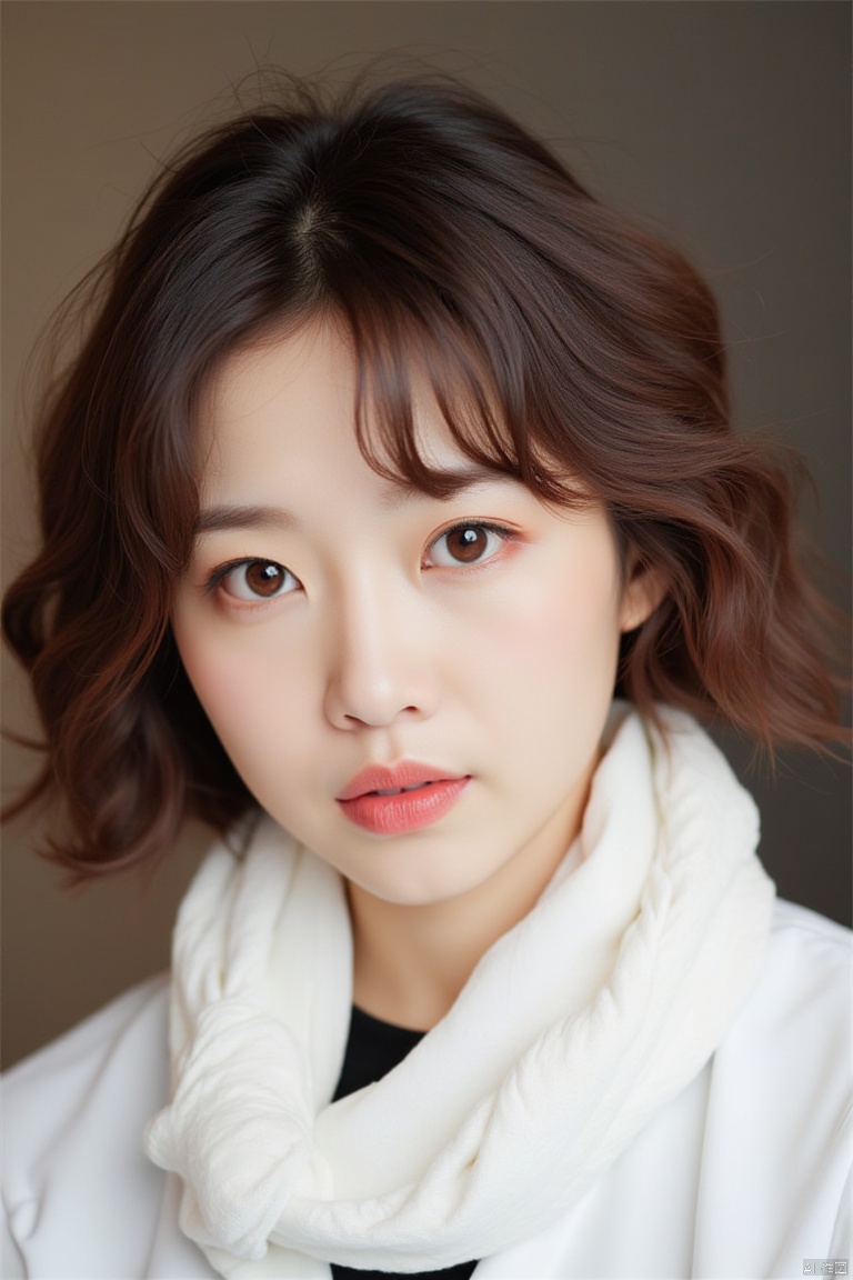 long hair woman wearing white scarf and black shirt, korean female idol portrait, korean girl,, beautiful young korean woman, japanese teenage girl portrait, movie portrait, beautiful korean woman, young asian woman,, korean woman,, young japanese beauty,, beautiful young korean woman, korean female fashion model, young japanese girl, young cute korean face, white scarf, medium long curly brown hair, cute korean actress, close up portrait movie stills, popular korean makeup,
