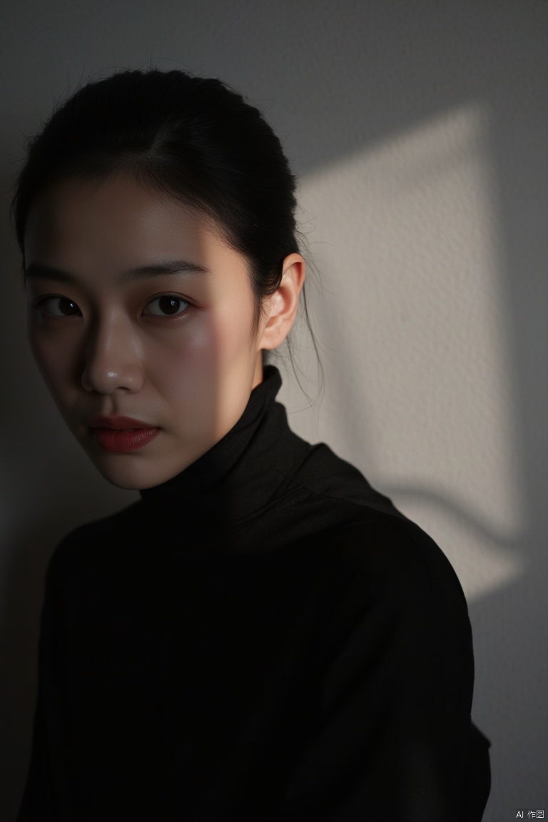 photo,photography,realisitc,Amidst the interplay of light and shadows in a photography studio,a soft spotlight traces the contours of a face,highlighting a figure clad in a sleek black turtleneck. The garment,hugging the skin with subtle luxury,complements the East asian fashion model's understated makeup,embodying minimalist elegance. Behind,a pale gray backdrop extends,its fine texture shimmering subtly in the dim light,artfully balancing the composition and focusing attention on the subject. In a palette of black,gray,and skin tones,simplicity intertwines with profundity,as every detail whispers untold stories.,looking at viewer,