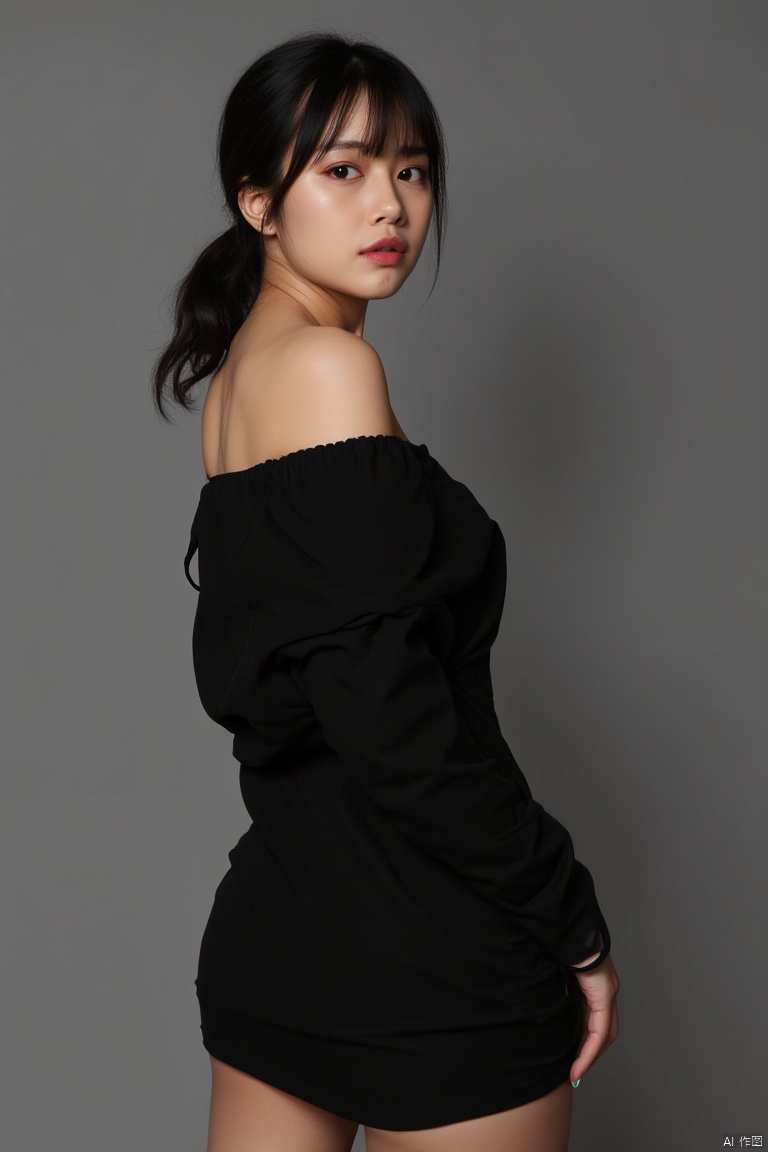Black off-shoulder dress,black hair,coiled hair,brown eyes,Asian,freckles,square jaw,indifferent expression,standing loosely,
Gray background studio,
Left light,yellow light,
Ultra-high resolution,
UpperBody,
Realistic,