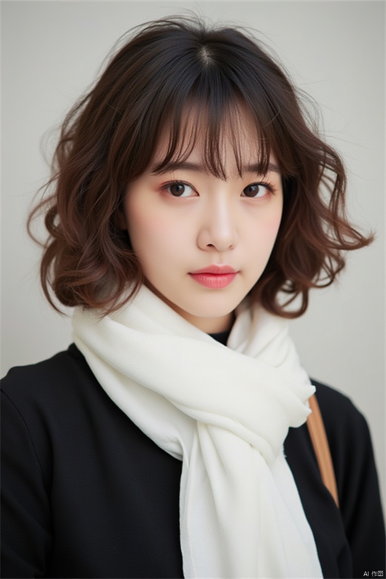 long hair woman wearing white scarf and black shirt, korean female idol portrait, korean girl,, beautiful young korean woman, japanese teenage girl portrait, movie portrait, beautiful korean woman, young asian woman,, korean woman,, young japanese beauty,, beautiful young korean woman, korean female fashion model, young japanese girl, young cute korean face, white scarf, medium long curly brown hair, cute korean actress, close up portrait movie stills, popular korean makeup,