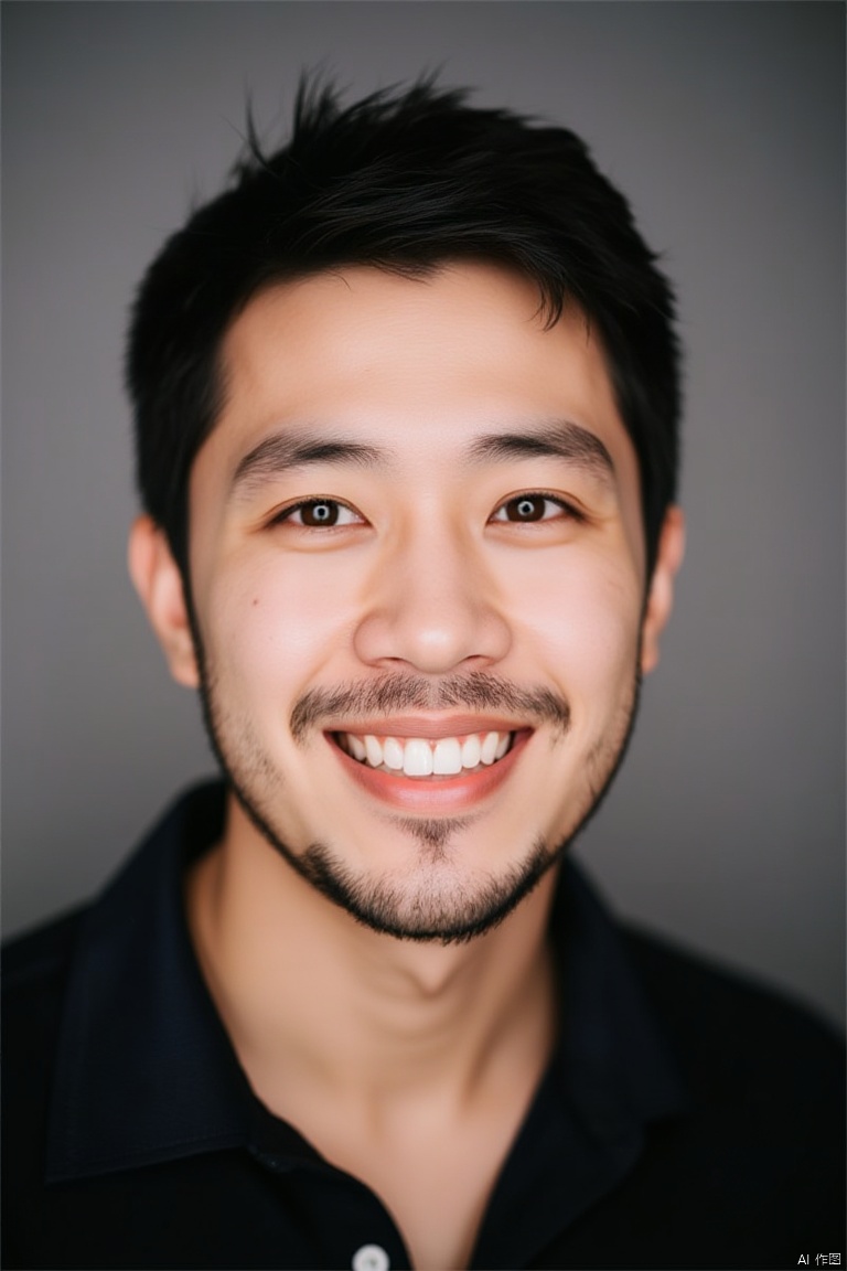 (close up portrait of a man of european descent),happy and smile expression, looking at camera, slight stubble, clean skin, brown eyes, wearing dark shirt, soft lighting, gray background, shallow depth of field, high-resolution image, studio shot, headshot, photographic realism.