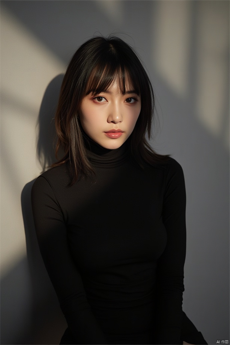 photo,photography,realisitc,Amidst the interplay of light and shadows in a photography studio,a soft spotlight traces the contours of a face,highlighting a figure clad in a sleek black turtleneck. The garment,hugging the skin with subtle luxury,complements the East asian fashion model's understated makeup,embodying minimalist elegance. Behind,a pale gray backdrop extends,its fine texture shimmering subtly in the dim light,artfully balancing the composition and focusing attention on the subject. In a palette of black,gray,and skin tones,simplicity intertwines with profundity,as every detail whispers untold stories.,looking at viewer,