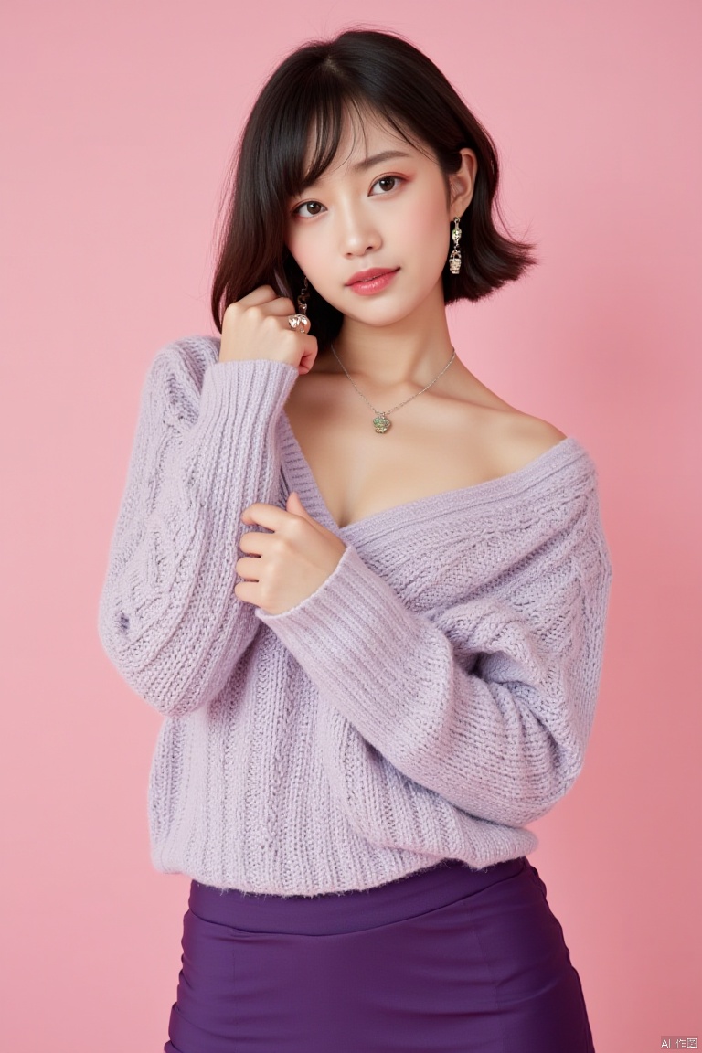 best quality, masterpiece, ultra high res,1girl, big breast, looking at viewer,pure color background,
1girl, solo, looking at viewer, skirt, brown hair, shirt, black hair, long sleeves, holding, jewelry, earrings, medium hair, sweater, lips, purple skirt, realistic.yosshi film 
