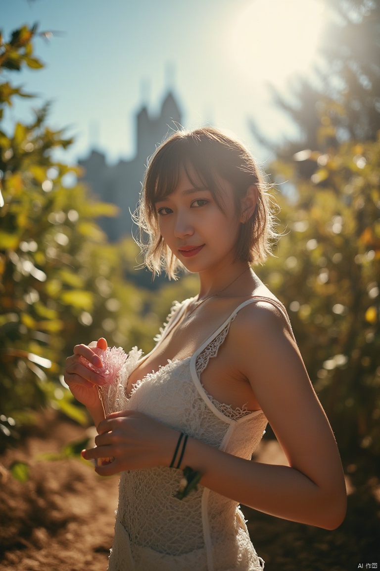 xxmix_girl,portrait of a woman,fluffy short hair,polaroid,film,graininess,smile,cold,(((huge breasts))),castle,forest,fog,sunshine,vine,tindal effect,sunny,(best quality),((masterpiece)),(highres),(extremely detailed 32K wallpaper),(panorama:1.5), (((dramatic))),((((gritty))), (((visual impact))), dynamic and visually striking appearance,upper_body,hyper_galaxy,universe,