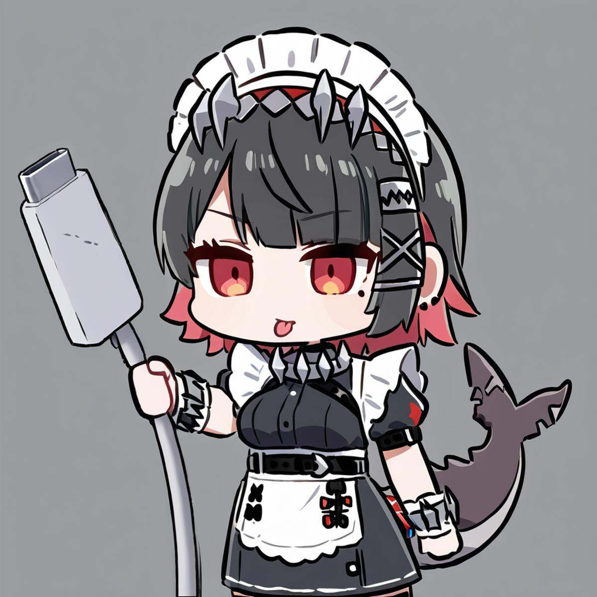 masterpiece, best quality, <lora:chibi_holding charging cable-000125:1>  chibi,holding charging cable, <lora:ellen_joe_a31-xl_v2:1> 1girl, ellen_joe, solo, tongue_out, tongue, short_sleeves, maid_headdress, shark_tail, frills, black_dress, white_apron, virtual_youtuber, black_footwear, fins, medium_breasts, belt, 