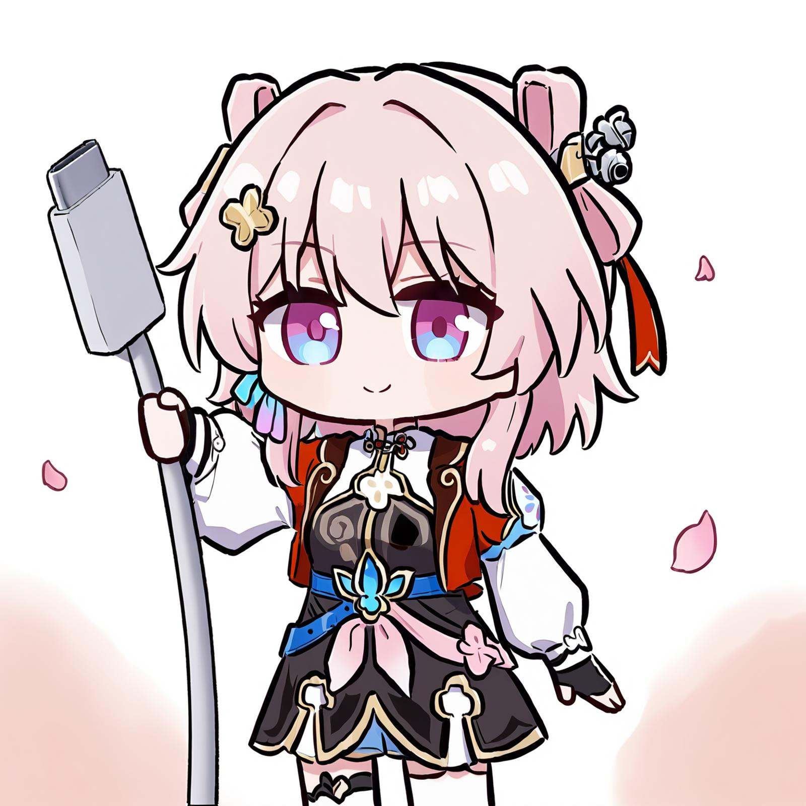 masterpiece, best quality, <lora:chibi_holding charging cable-000125:1>  chibi,holding charging cable,  <lora:march_7th_(hunt)_(honkai_star_rail)_a31_xl:1>1girl, march_7th_(hunt)_(honkai_star_rail), solo, cherry blossoms, smile, black gloves, official alternate costume, gloves, long sleeves, looking at viewer, jacket, closed mouth, flower ornament, earrings, black dress, jewelry, chinese clothes, flower, white background, pink jacket, single earring, falling petals, medium breasts, cropped jacket, hand up, cowboy shot