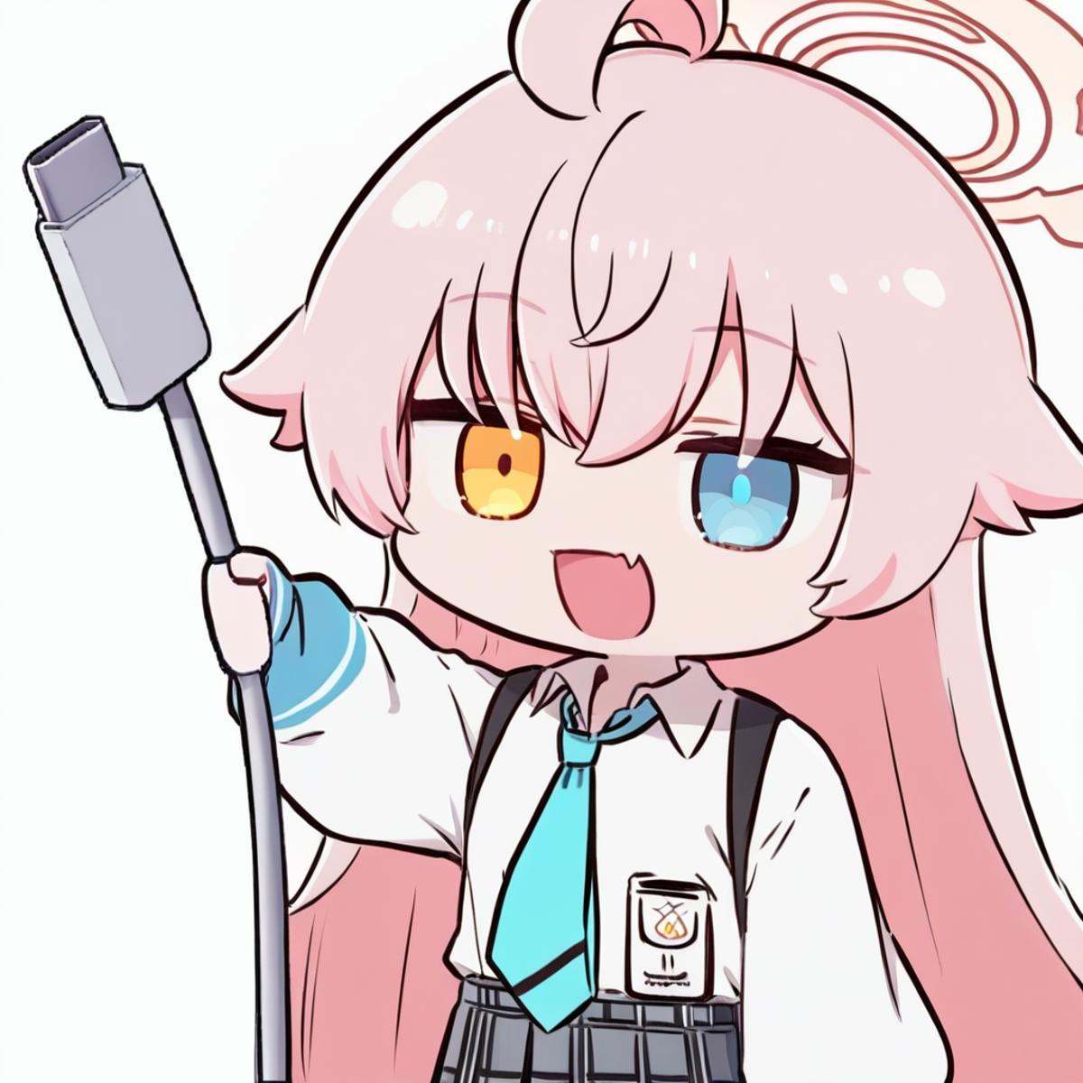 score_9, score_8_up, score_7_up, <lora:pony_chibi_holding charging cable-000145:1>chibi, holding charging cable, 1girl, hoshino \(blue archive\), solo, heterochromia, shirt, white shirt, skirt, white background, halo, fang, blue eyes, pink hair, long sleeves, puffy long sleeves, necktie, collared shirt, long hair, ahoge, hair between eyes, simple background, pleated skirt, very long hair, smile, black skirt, puffy sleeves, blue necktie, plaid skirt, plaid, :d, yellow eyes, looking at viewer, open mouth, grey skirt
