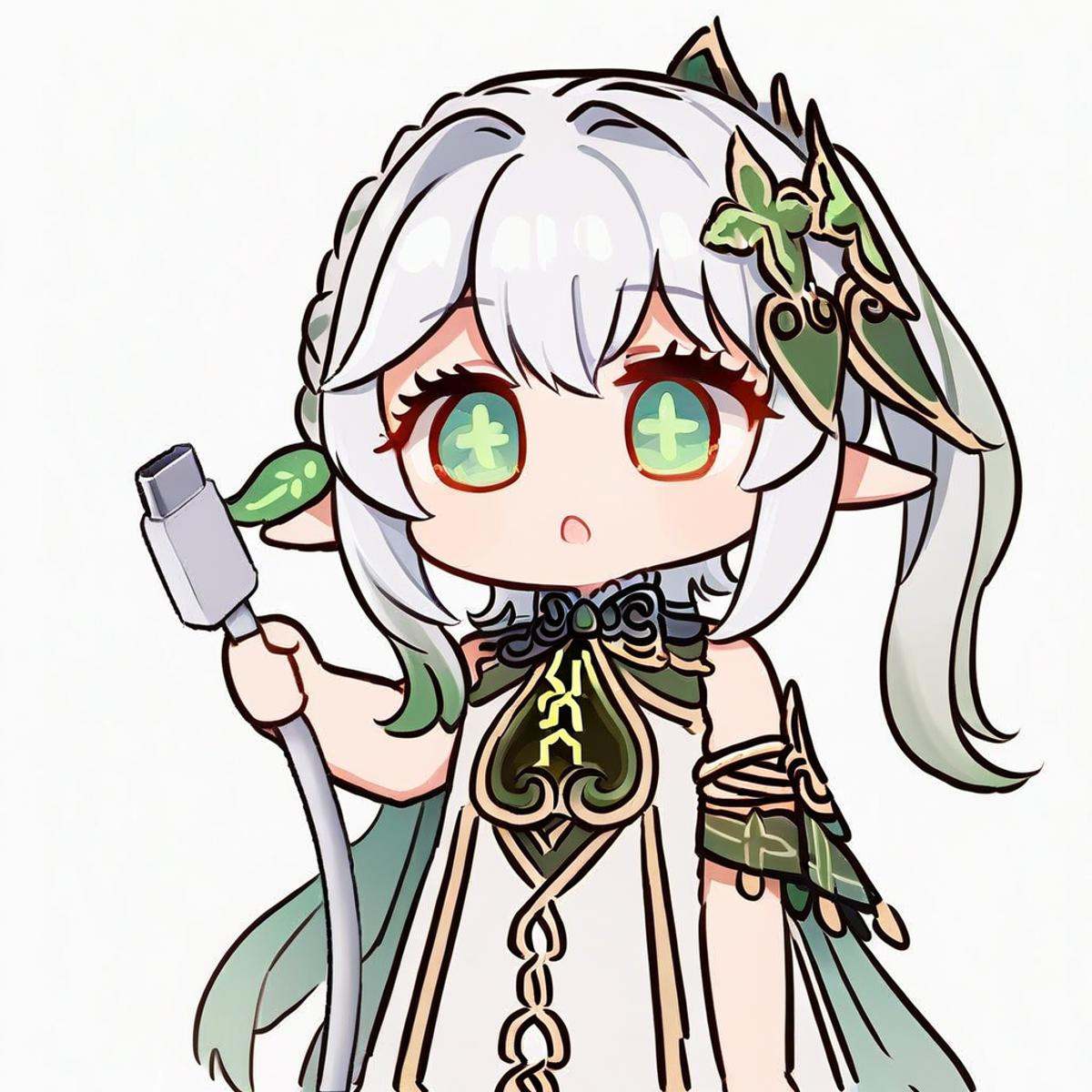 score_9, score_8_up, score_7_up, <lora:pony_chibi_holding charging cable-000145:1>chibi, holding charging cable, 1girl, nahida \(genshin impact\), solo, green eyes, white background, pointy ears, side ponytail, simple background, multicolored hair, white dress, hair ornament, dress, upper body, symbol-shaped pupils, gradient hair, long hair, white hair, sleeveless dress, hair between eyes, sleeveless, green hair, cross-shaped pupils, grey hair, leaf hair ornament, detached sleeves, cape, parted lips, short sleeves, braid, open mouth