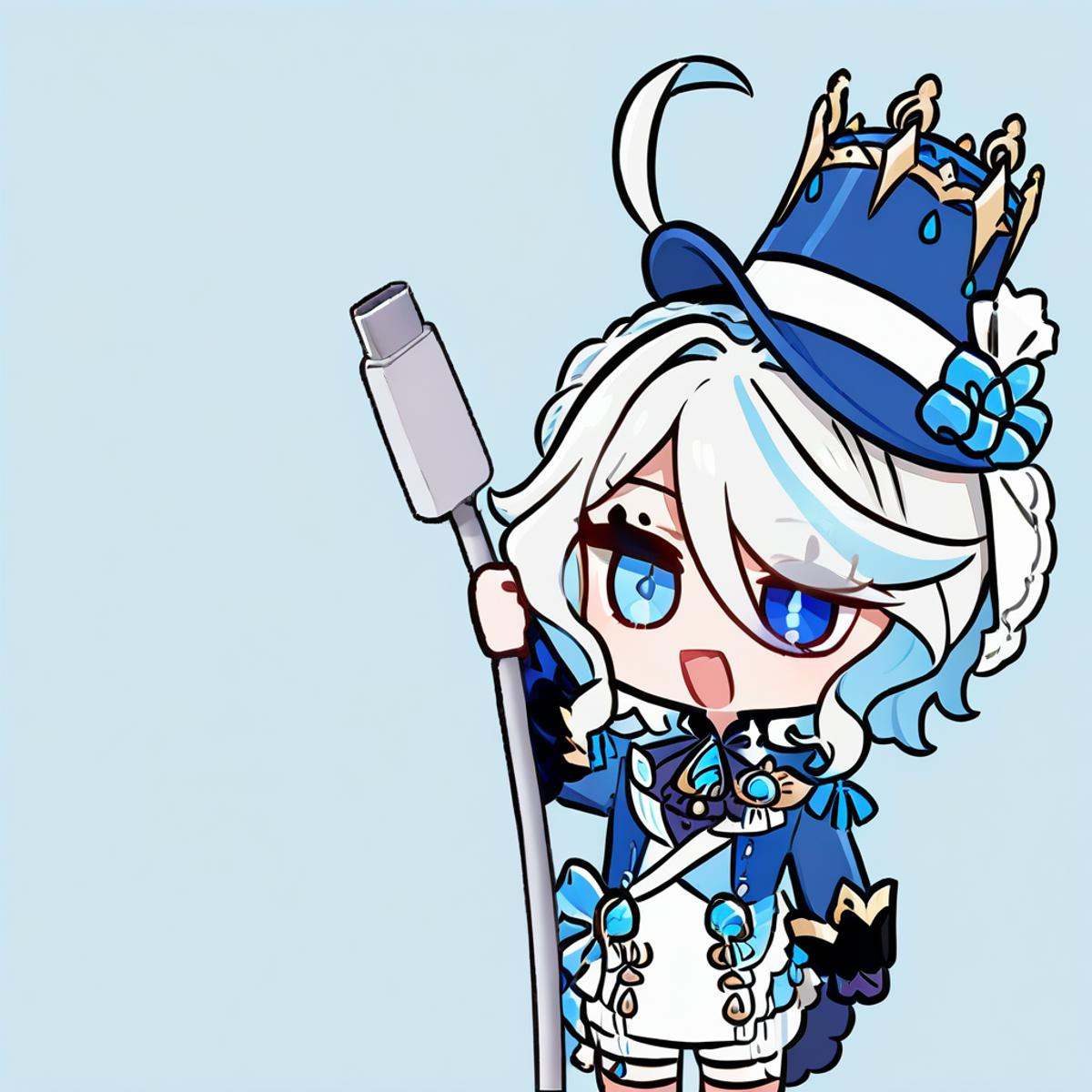score_9, score_8_up, score_7_up, <lora:pony_chibi_holding charging cable-000145:1>chibi, holding charging cable, 1girl, furina \(genshin impact\), solo, hat, blue eyes, shorts, blue headwear, simple background, blue jacket, multicolored hair, ahoge, white shorts, open mouth, top hat, jacket, streaked hair, long sleeves, looking at viewer, smile, blue hair, ascot, white hair, blue background, hair between eyes, heterochromia, :d, bow, mismatched pupils, standing, blue bow