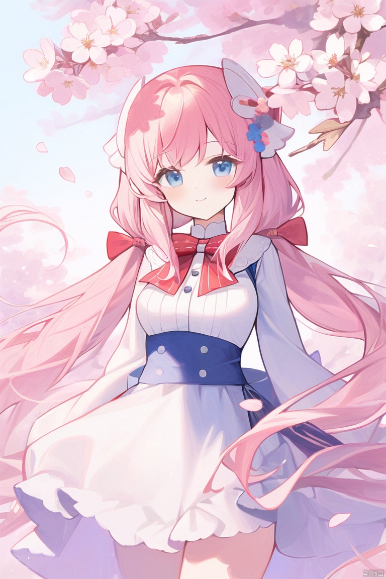 solo, 1girl, long hair, smile, long sleeves, dress, closed mouth, very long hair, blush, bow, blue eyes, twintails, looking at viewer, cherry blossoms, red bow, petals, branch, breasts, pink hair, hair ornament, flower, white dress, pink flower