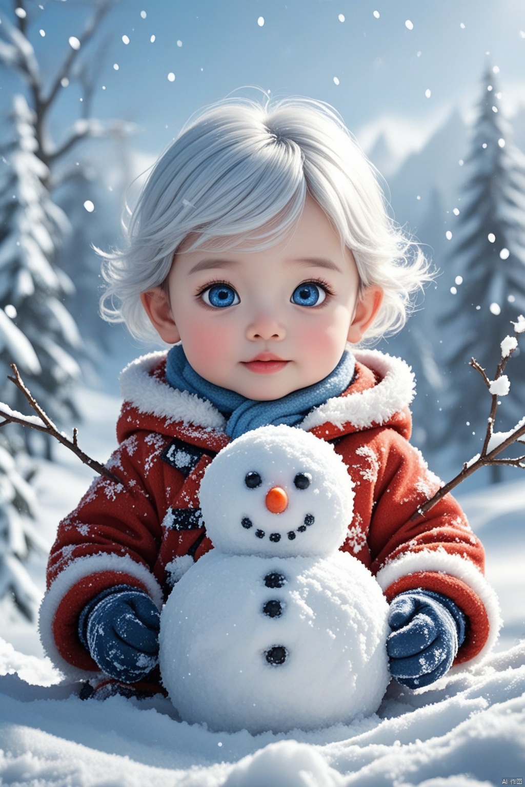 HD 8K, 
1girl, snow, solo, snowman, blue eyes, short hair, looking at viewer, realistic, white hair, winter, snowing, coat, child