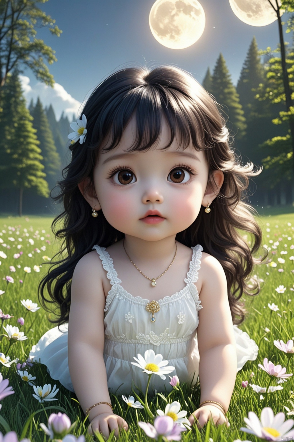 HD 8K, 
1girl, flower, solo, jewelry, earrings, short hair, looking at viewer, dress, black hair, outdoors, moon, lips, white dress, tree, full moon, white flower, brown eyes, grass, eyelashes, bangs, child, parted lips, night, female child, sleeveless, stud earrings, day